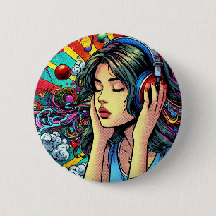 Girl Listening to Music on Headphones Psychedelic 6 Cm Round Badge