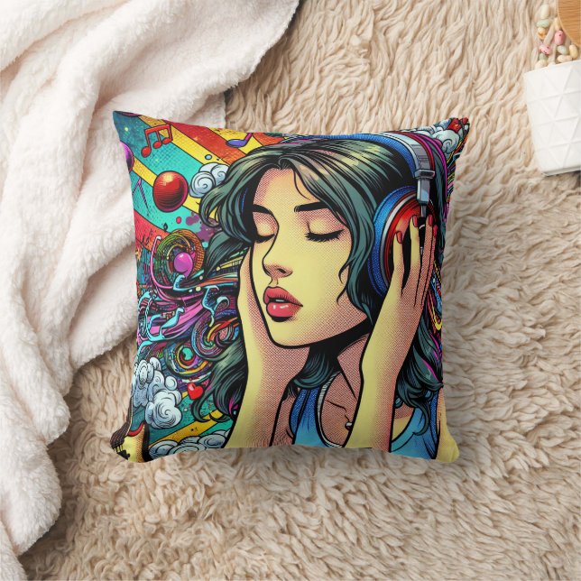 Girl Listening to Music on Headphones Psychedelic Cushion (Blanket)