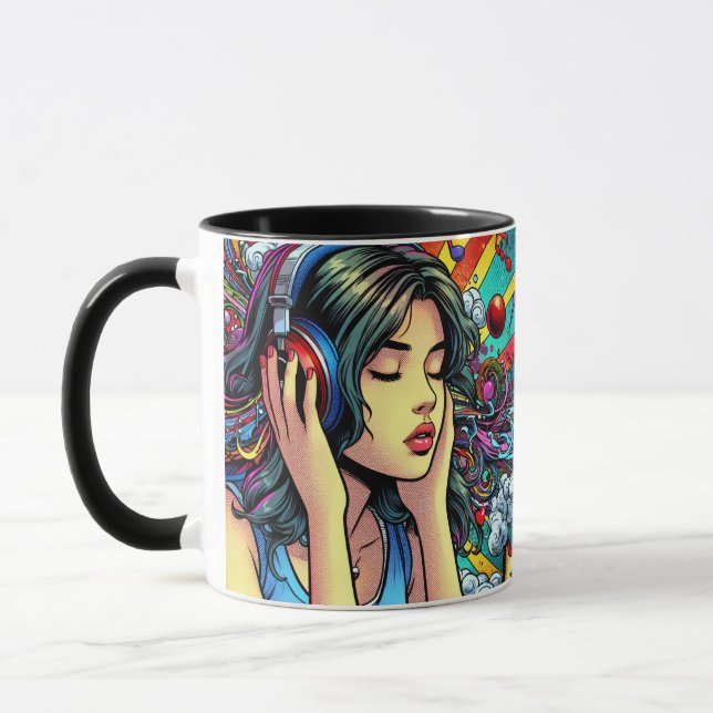 Girl Listening to Music on Headphones Psychedelic Mug (Left)