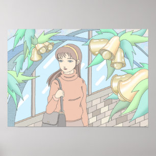 Girl listening to the sound of bells. poster
