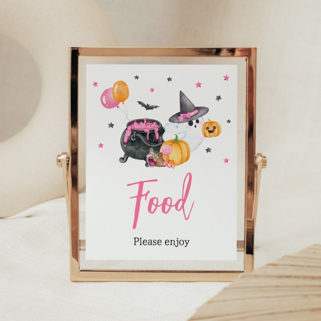 Girl Little Boo Ghost Baby Shower Food Poster (Ghost Halloween Baby Shower Food Sign)