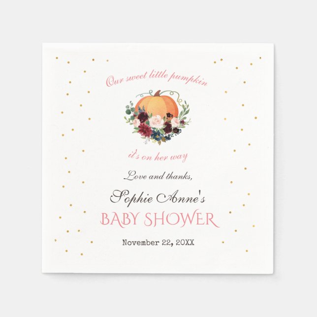 Girl Little Pumpkin Burgundy Floral Baby Shower Napkin (Front)