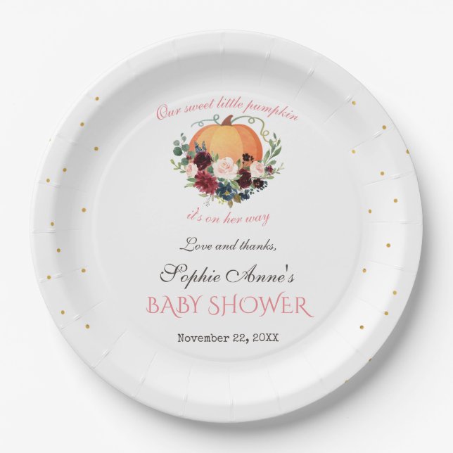 Girl Little Pumpkin Burgundy Floral Baby Shower Paper Plate (Front)