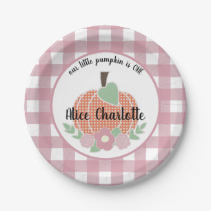 Girl Little Pumpkin Pink Plaid 1st First Birthday Paper Plate