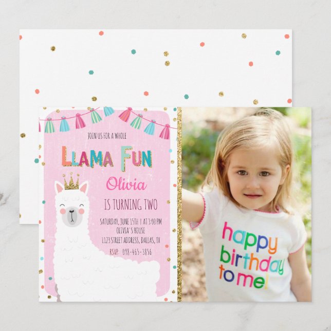 Girl Llama Birthday Invitation (Front/Back)