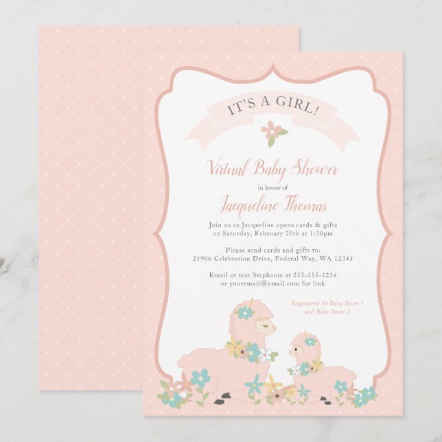 Girl Llama Pink Baby Shower Invitation (Front/Back)