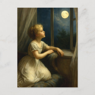 Girl Looking At A Full Moon Through Window Postcard