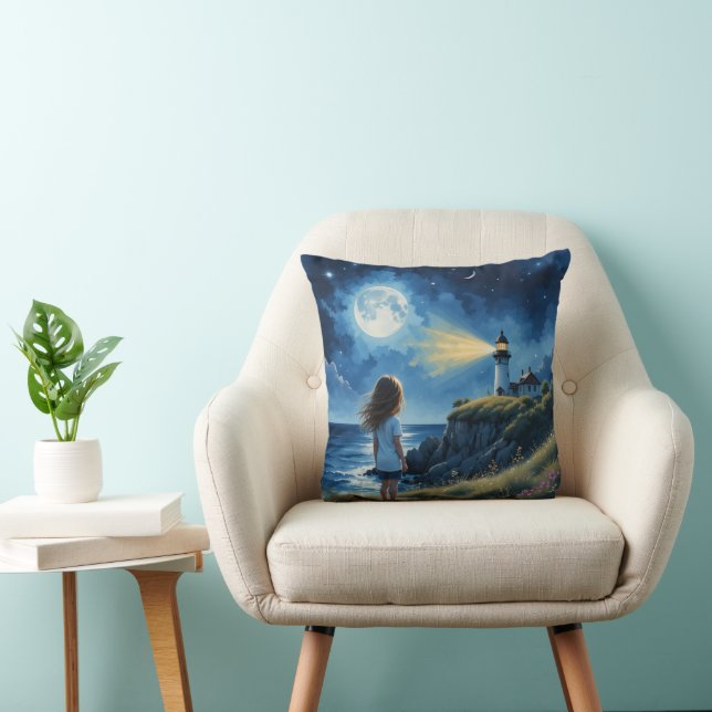 Girl looking at the lighthouse cushion (Chair)