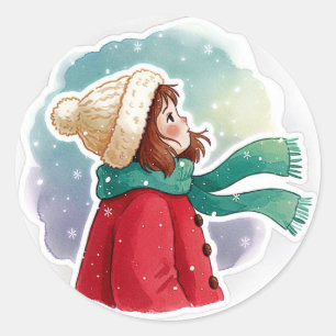 girl looking at the snow classic round sticker