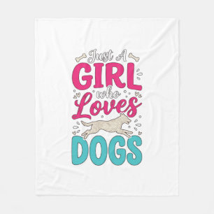 Girl Loves Dogs Vintage Engraving Typography Desig Fleece Blanket