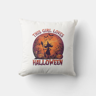 Girl Loves Halloween Witch Pumpkins Bats_1 Cushion