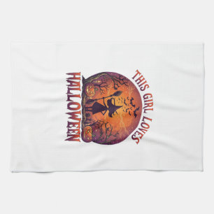 Girl Loves Halloween Witch Pumpkins Bats_1 Tea Towel