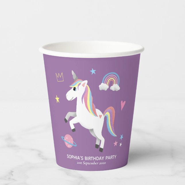 Girl Magical Cute Purple Unicorn Kids Birthday Paper Cups (Front)