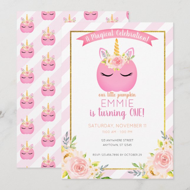 Girl Magical Party Pumpkin Unicorn Birthday Invitation (Front/Back)