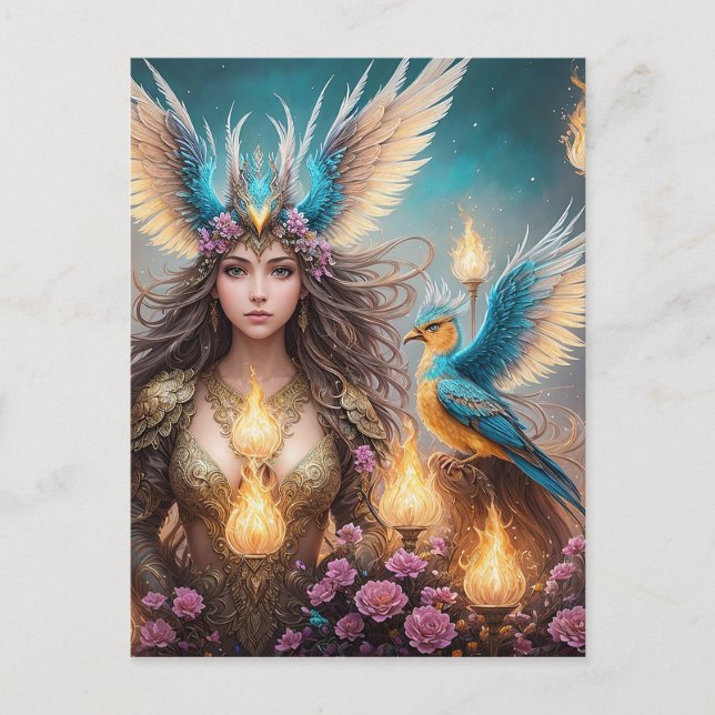 Girl, majestic fenix bird Oil painting, 3d, Postcard (Front)