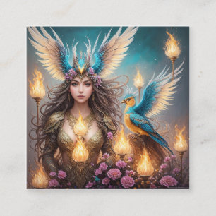 Girl, majestic fenix bird Oil painting, 3d, Square Business Card
