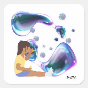 girl make soap bubble square sticker