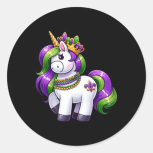 Girl Mardi Gras Princess Unicorn Festive Graphic F Classic Round Sticker