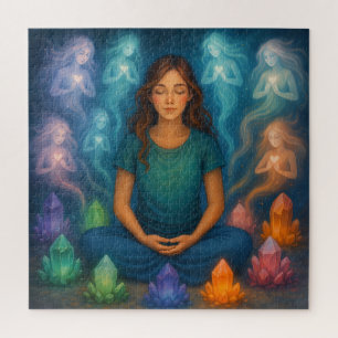 Girl Meditating with Crystal Elemental Beings Jigsaw Puzzle