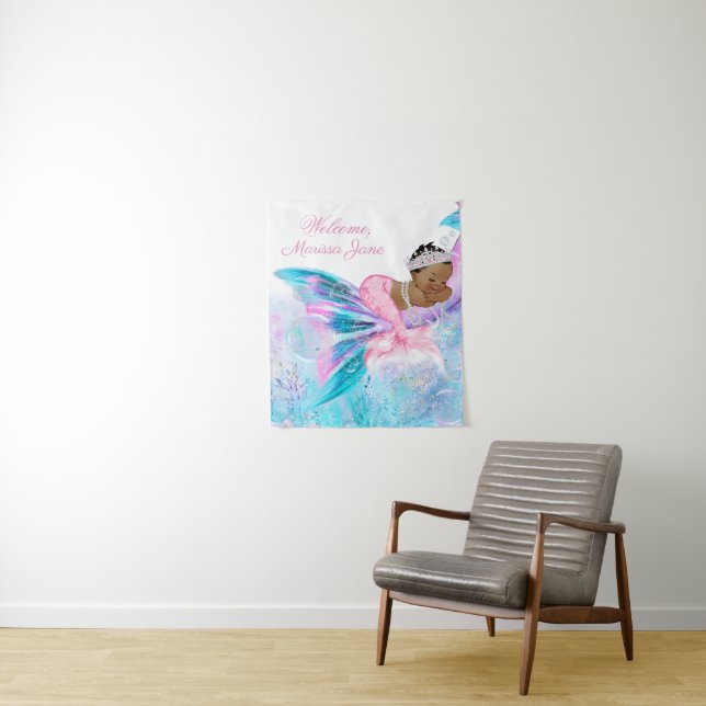 Girl Mermaid Baby Shower Backdrop Tapestry (In Situ)