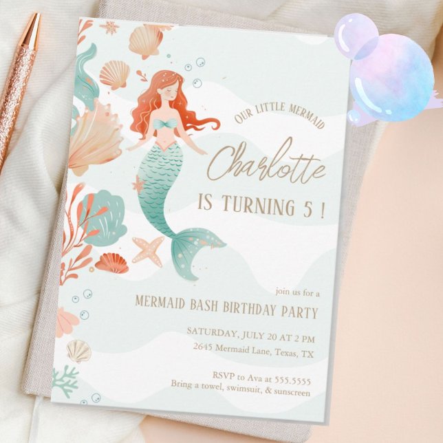 Girl Mermaid Bash Birthday Party Green Coral Invitation (Creator Uploaded)