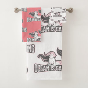 Girl Mermaid Crew Party Pink White Bath Towel Set