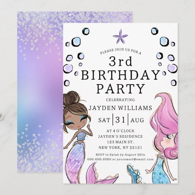Girl Mermaid Pink Purple Kids Birthday Invitation (Front/Back)