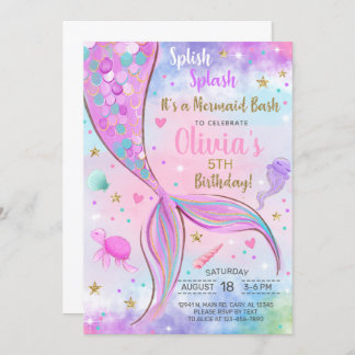 Girl mermaid watercolor and gold birthday invite. invitation