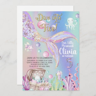 Girl mermaid watercolor and gold birthday invite. invitation