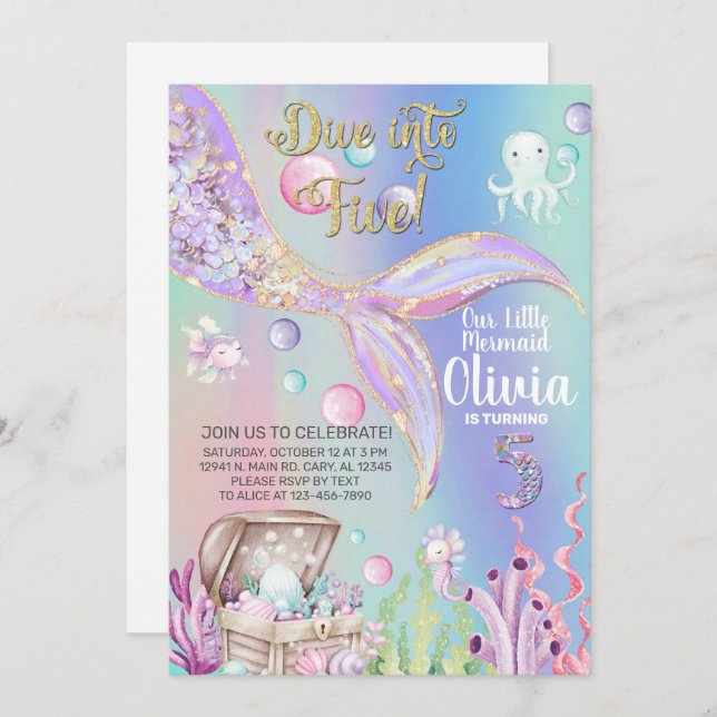 Girl mermaid watercolor and gold birthday invite. invitation (Front/Back)