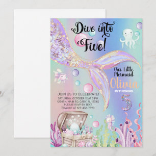 Girl mermaid watercolor and gold birthday invite. invitation
