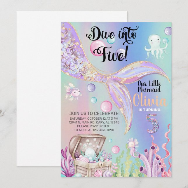 Girl mermaid watercolor and gold birthday invite. invitation (Front/Back)