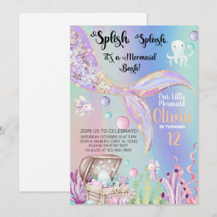 Girl mermaid watercolor and gold birthday invite. invitation