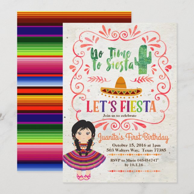 Girl Mexican Fiesta 1st Birthday Invitation (Front/Back)