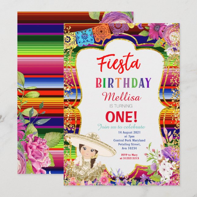 Girl Mexican Fiesta Birthday Party Invitation Gold (Front/Back)