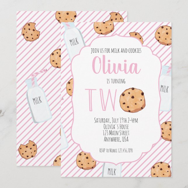 Girl Milk and Cookies Pink 2nd Birthday Invitation (Front/Back)