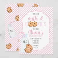 Girl Milk and Cookies Pink Birthday Invitation