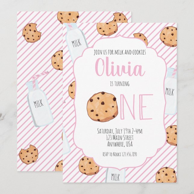 Girl Milk and Cookies Pink first Birthday Invitati Invitation (Front/Back)