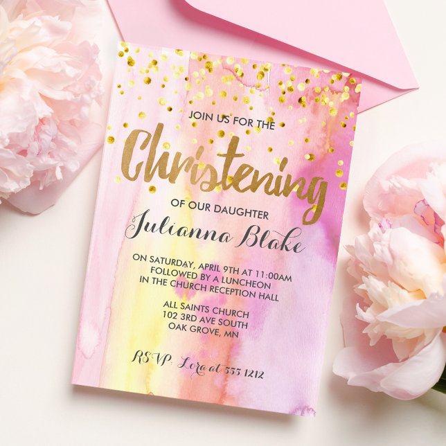 Girl Modern Christening Watercolor Invitation (Creator Uploaded)