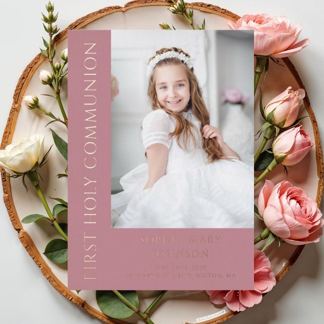 Girl Modern Photo Pink First Holy Communion Gold (Modern Pink Girl First Holy Communion Photo Foil Invitation)