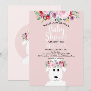 Girl Modern Watercolor Lamb & Flowers Baby Shower Invitation
