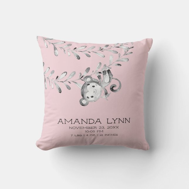 GIRL Monkey Baby Birth Stats Pillow (Front)