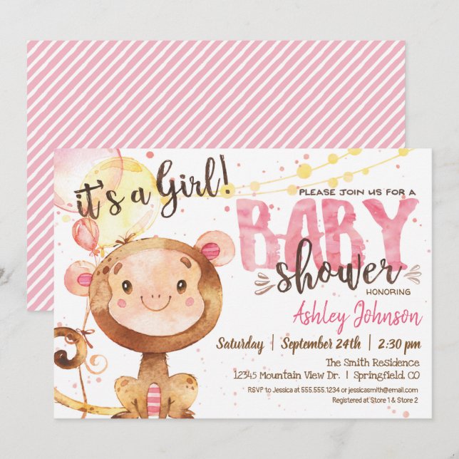 Girl Monkey Baby Shower invitation (Front/Back)