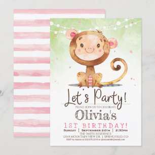 Girl Monkey Birthday Party Invitation
