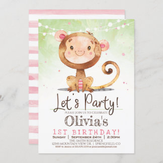 Girl Monkey Birthday Party Invitation