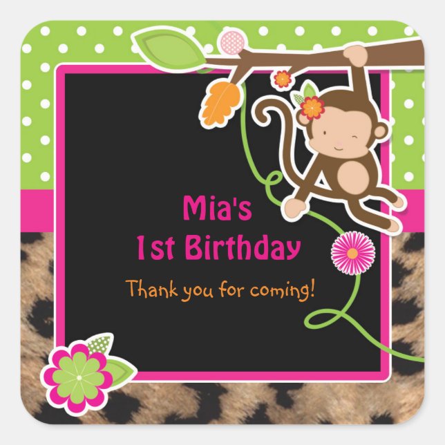 Girl Monkey Chic Safari Jungle Favour Stickers (Front)