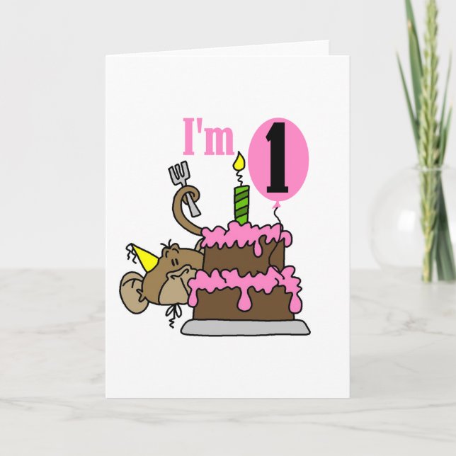Girl Monkey I'm One Birthday Tshirts Card (Front)