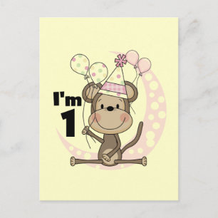 Girl Monkey in Party Hat 1st Birthday Postcard