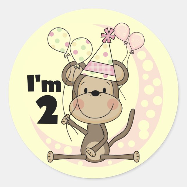 Girl Monkey in Party Hat 2nd Birthday Classic Round Sticker (Front)