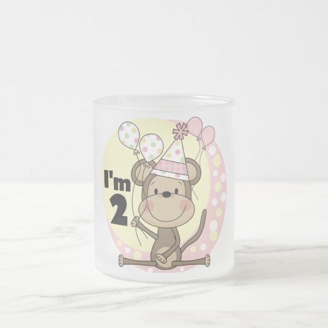 Girl Monkey in Party Hat 2nd Birthday Frosted Glass Coffee Mug (Center)